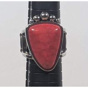 Red Turquoise Style Statement Ring Silver Tone Adjustable Band Boho Western